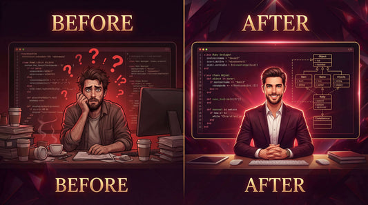 Before and after comparison of a person working at a desk with a computer screen displaying code.