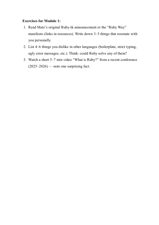 Text-based exercise list for Module 1 on a white background