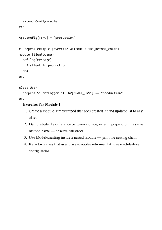 Code snippet with Ruby on Rails configuration and module examples on a white background