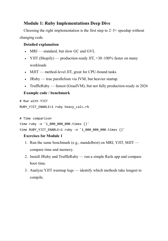Document on Ruby implementations with text and code examples on a white background