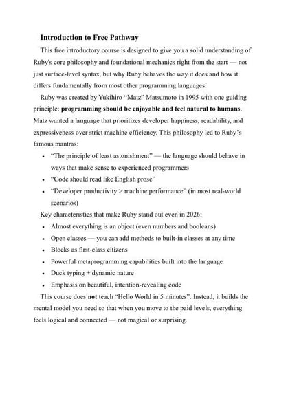 Text document about an introduction to free pathway on Ruby programming