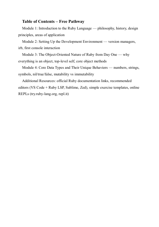 Table of Contents for a Free Pathway on Ruby Language