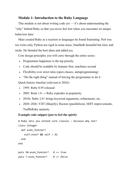 Text document module on Ruby language introduction with code snippet