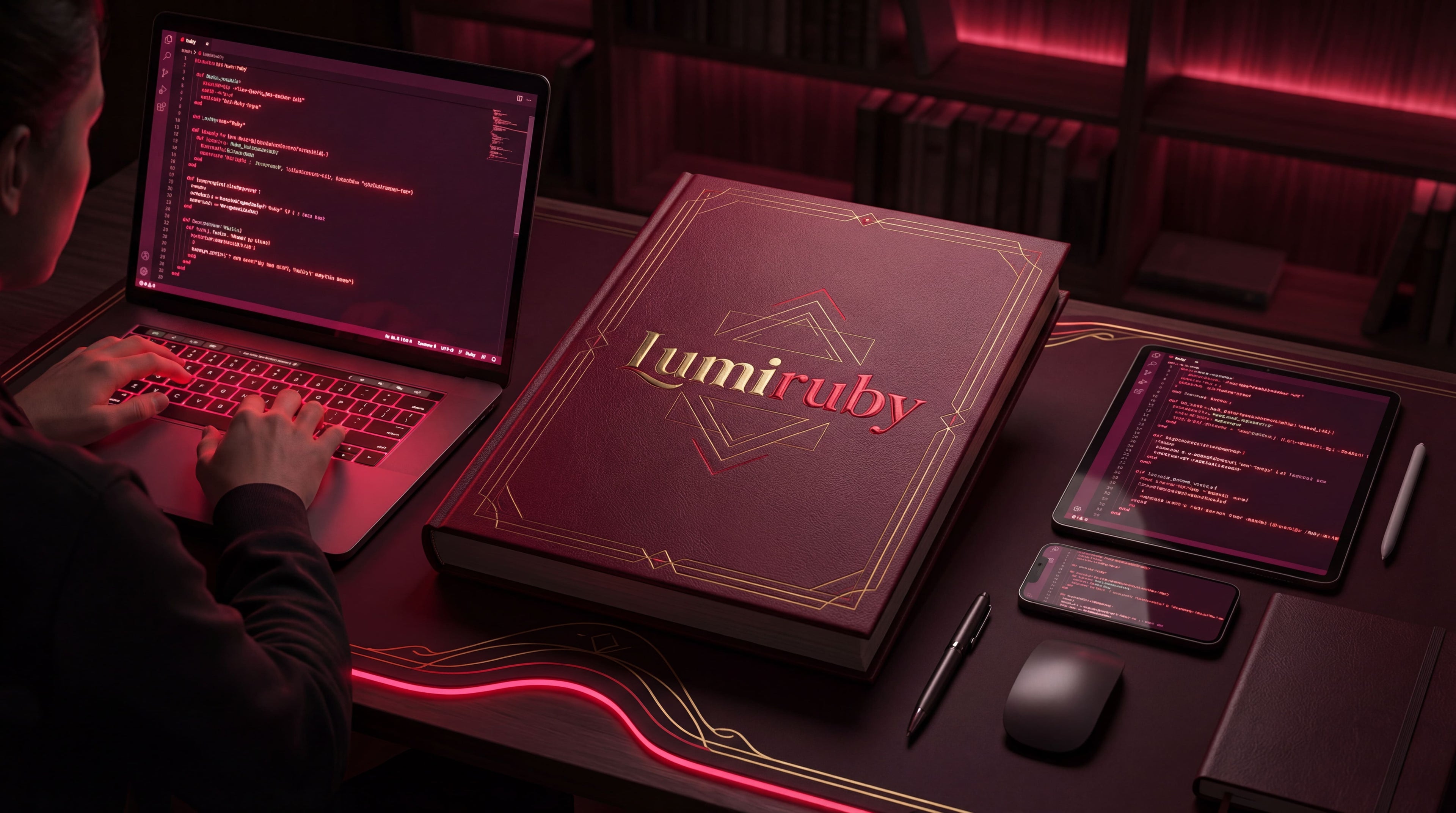 Person coding on a laptop with a 'lumiruby' book on a desk.