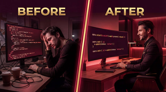 Before and after comparison of a person working at a computer with improved lighting.