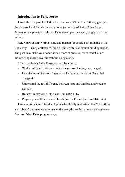 Text document with introduction to Pulse Forge on a white background