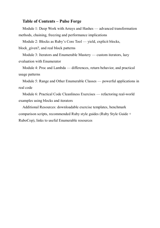 Table of contents for a Ruby on Rails course titled 'Pulse Forge' on a white background.