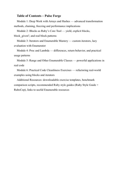 Table of contents for a Ruby on Rails course titled 'Pulse Forge' on a white background.