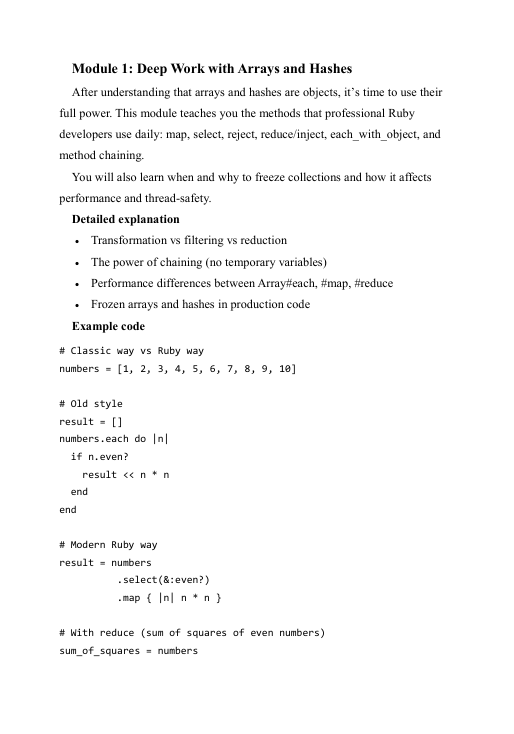 Module 1: Deep Work with Arrays and Hashes document on a white background