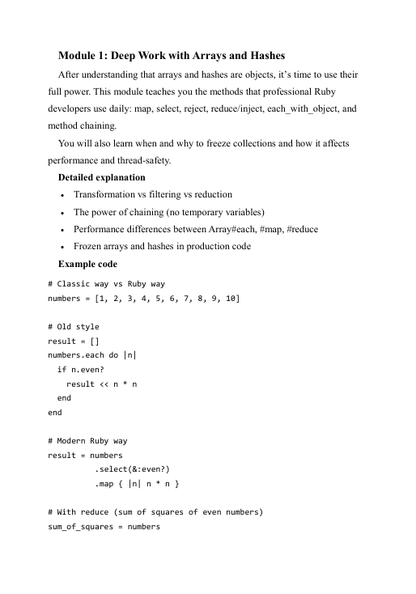 Module 1: Deep Work with Arrays and Hashes document on a white background