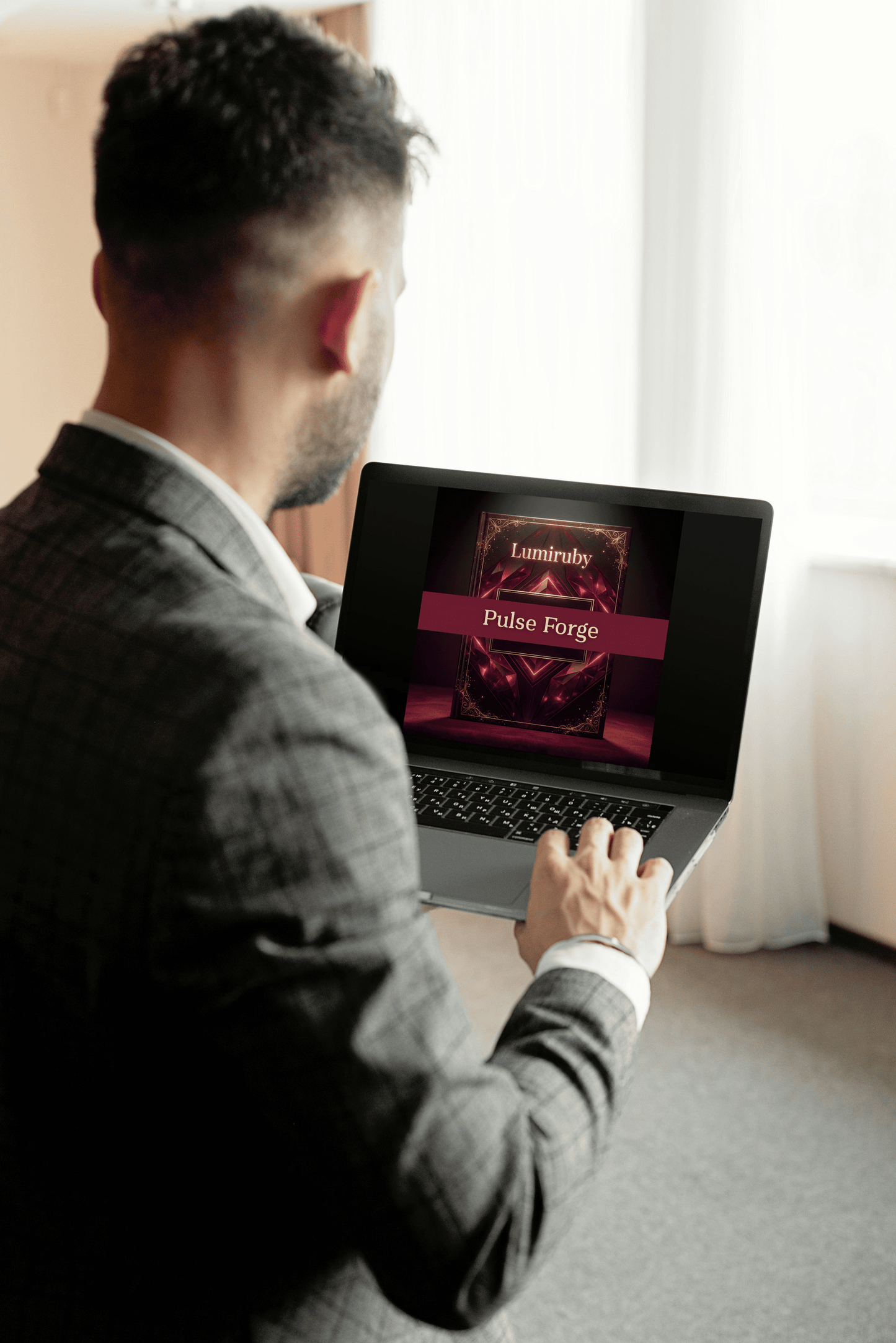 Man using a laptop with a visible brand logo in a room setting