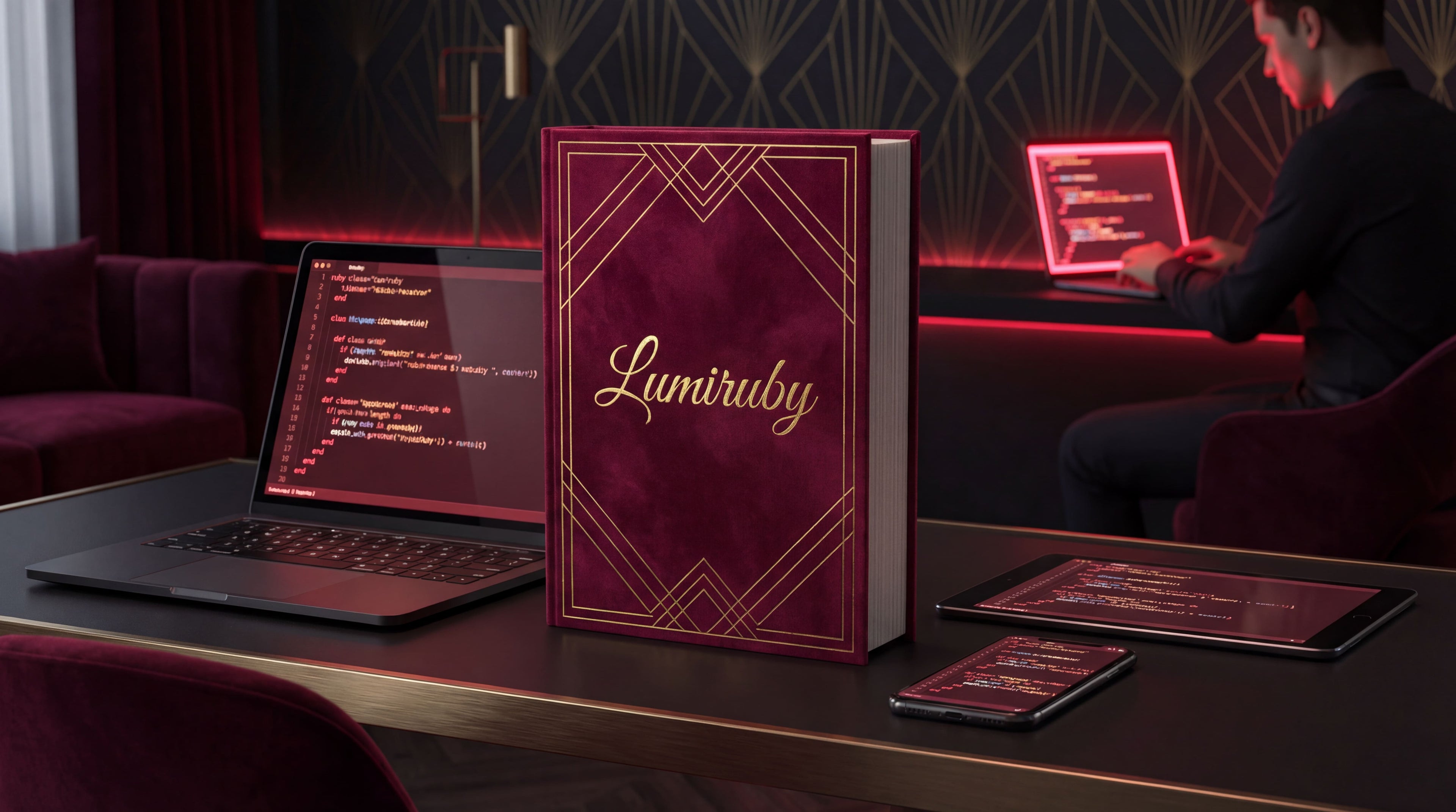 Person working on a laptop with a 'Lumiruby' book in a dimly lit room.