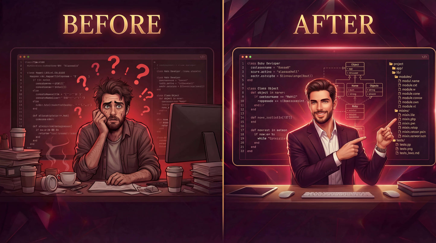 Before and after comparison of a programmer at work with code and tools on screen.