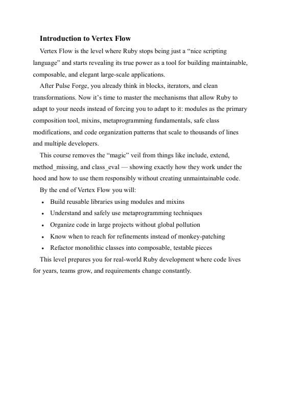 Text document about 'Introduction to Vertex Flow' in Ruby on a white background
