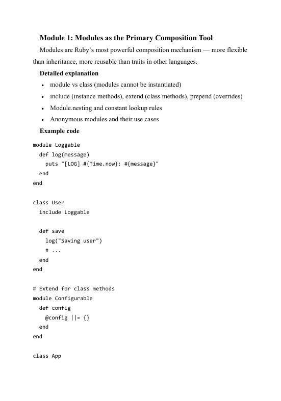 Text document about Ruby modules with code examples on a white background