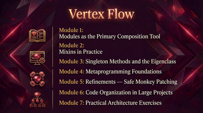 Course module list titled 'Vertex Flow' with icons on a dark background