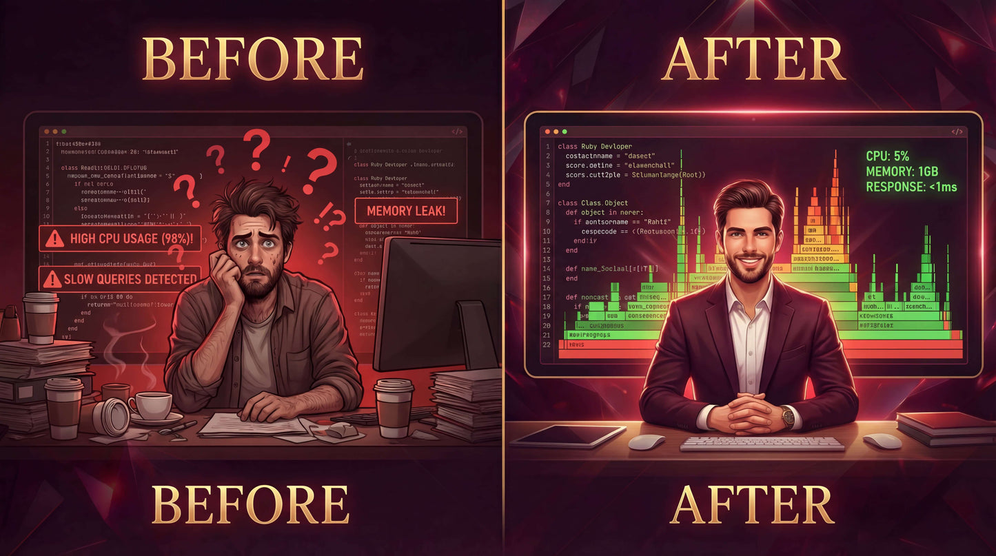 Before and after comparison of a person working at a computer with improved system performance.