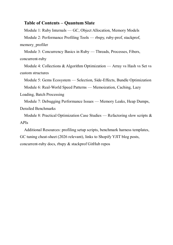 Table of Contents for Quantum Slate's Ruby optimization course on a white background