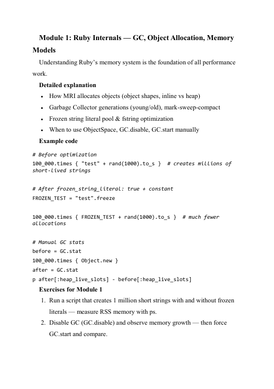 Document on Ruby internals, GC, object allocation, and memory models with code examples.
