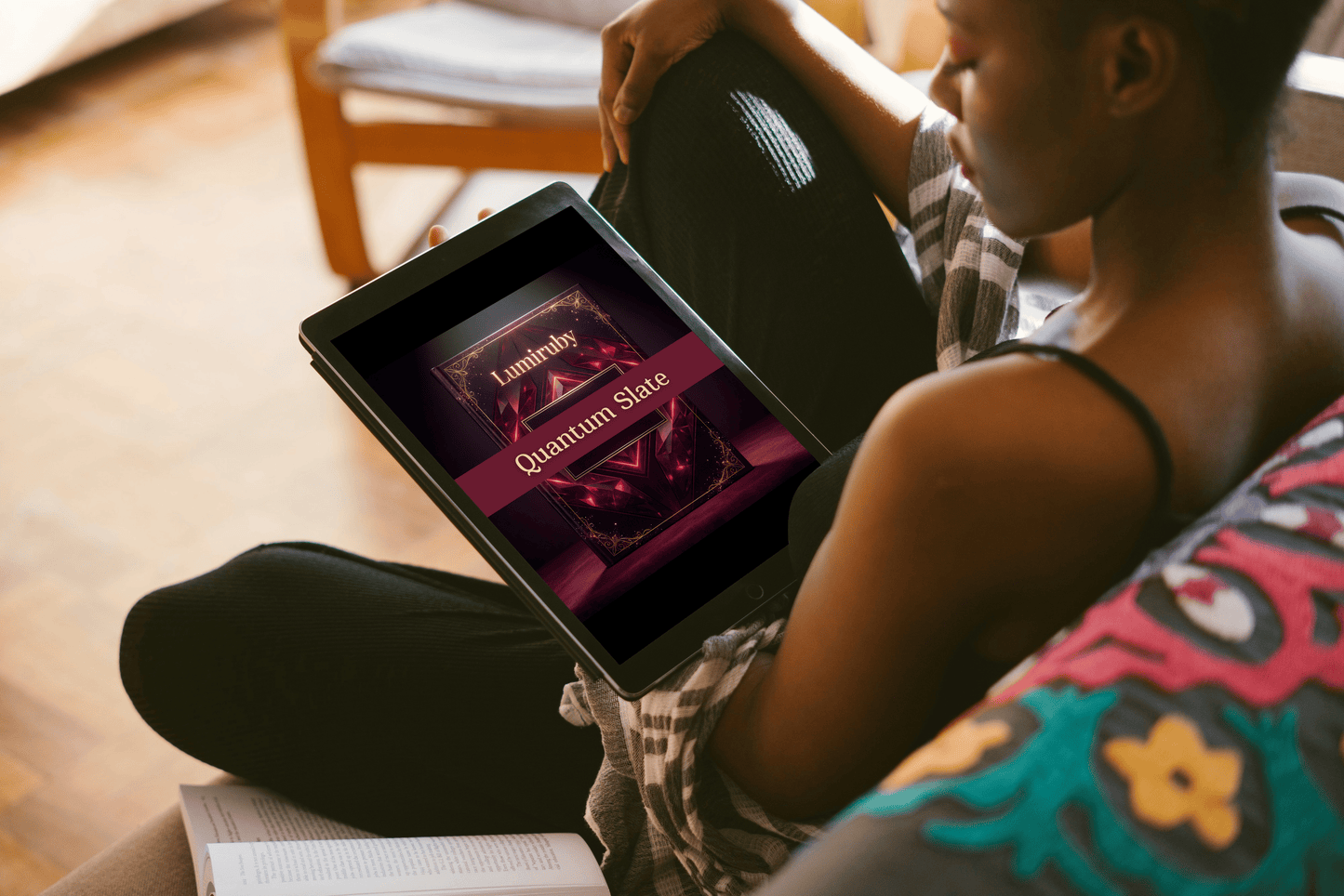 Person holding a tablet with a book cover displayed on the screen, sitting on a couch.