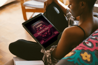Person holding a tablet with a book cover displayed on the screen, sitting on a couch.