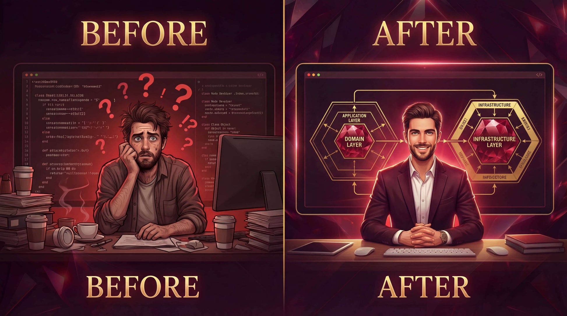 Before and after comparison of a person at a desk with technological advancements displayed.