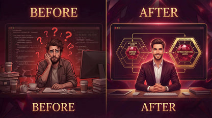 Before and after comparison of a person at a desk with technological advancements displayed.