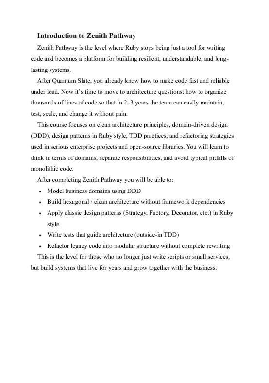 Text document introducing Zenith Pathway in Ruby programming