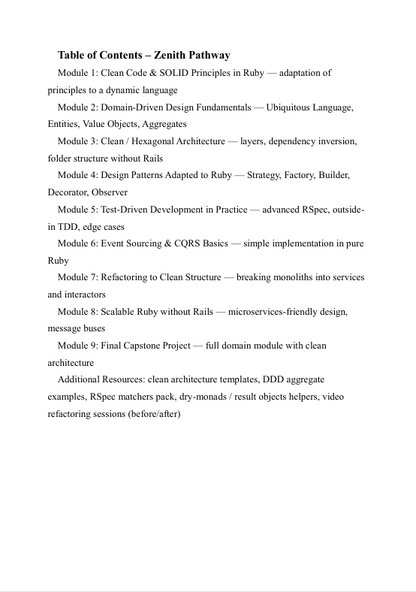 Table of Contents for 'Zenith Pathway' course on Ruby programming