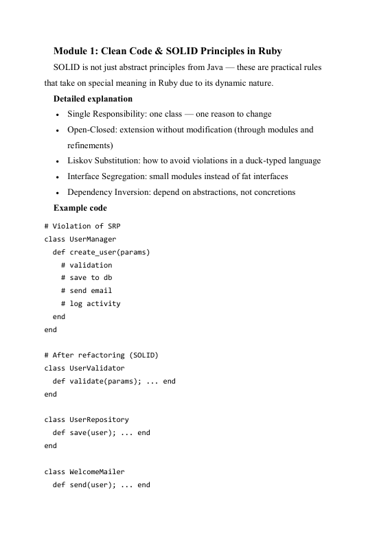 Document on Clean Code & SOLID Principles in Ruby with code examples.