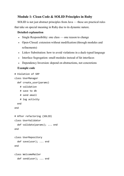 Document on Clean Code & SOLID Principles in Ruby with code examples.