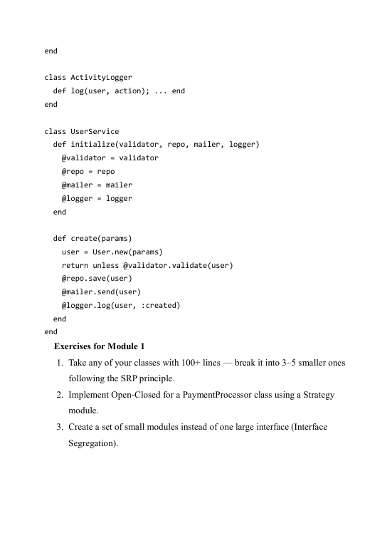 Code snippet with method definitions and exercise instructions on a white background