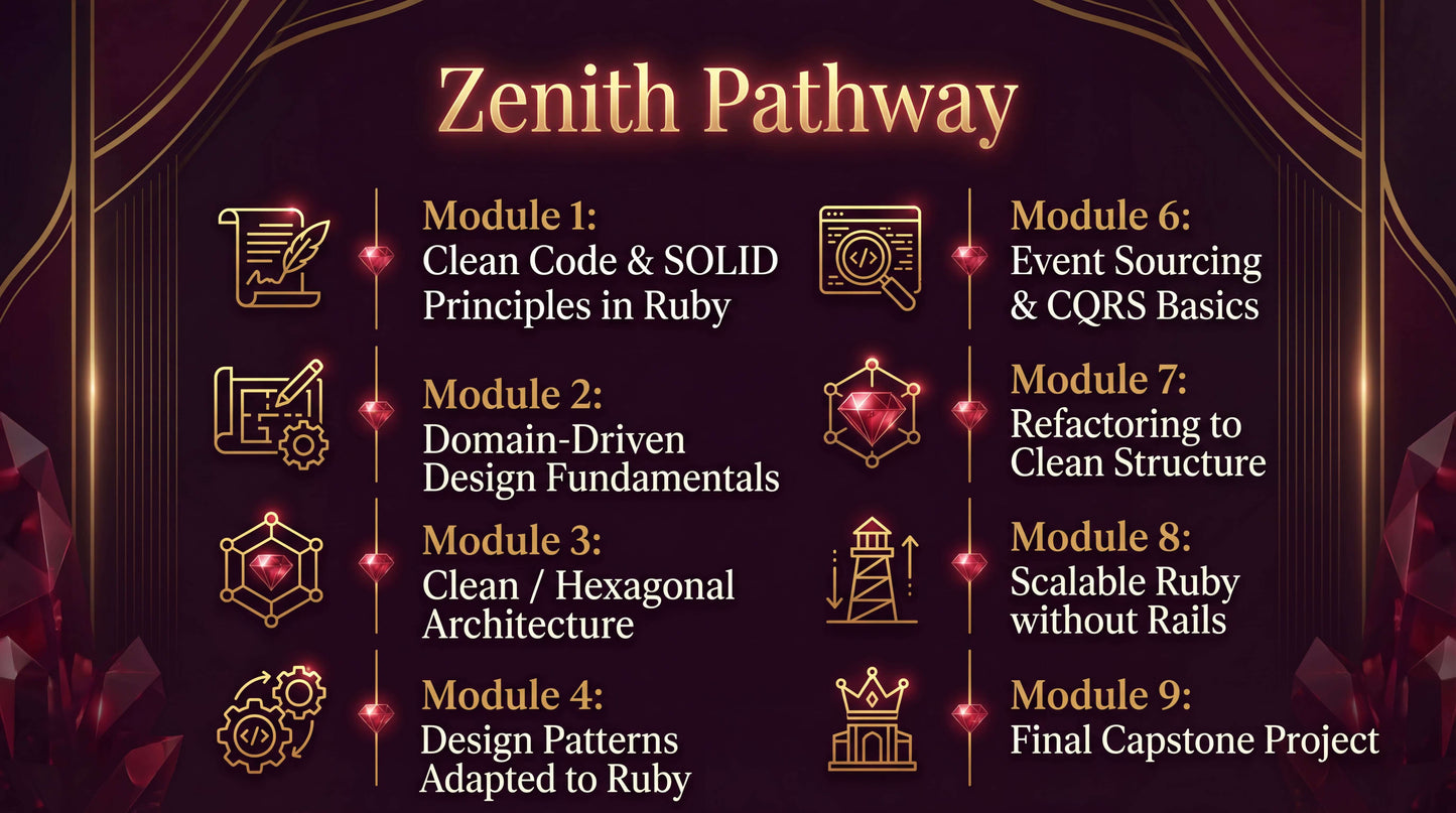 Course module outline for 'Zenith Pathway' with icons and titles on a dark background