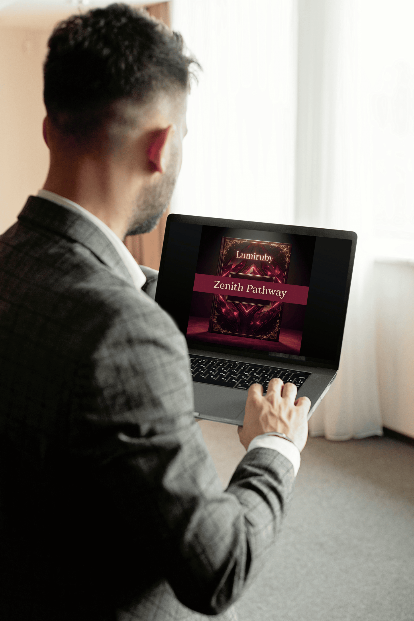 Man using a laptop with a screen displaying 'Luminally Nexus Pathway' in a room.