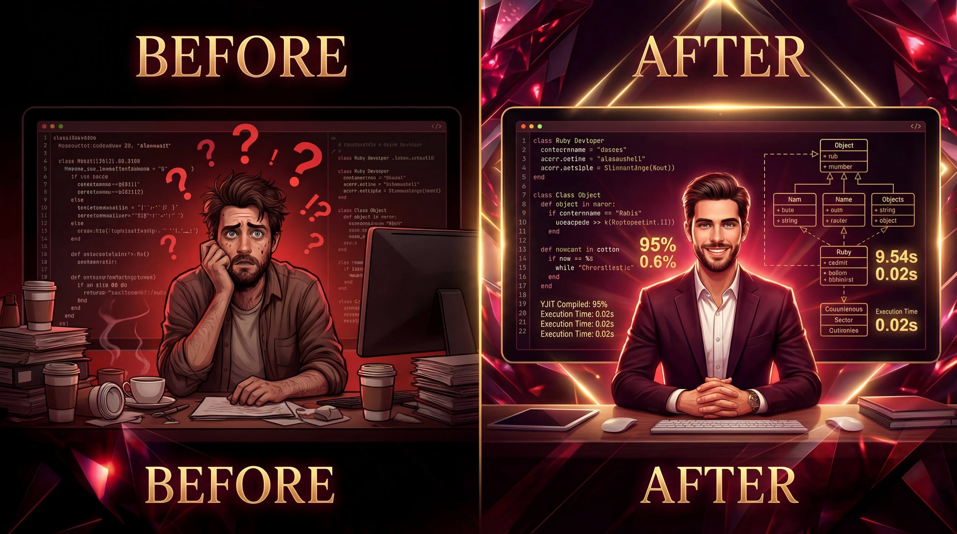 Before and after comparison of a person working at a computer with a transformation from stressed to confident.