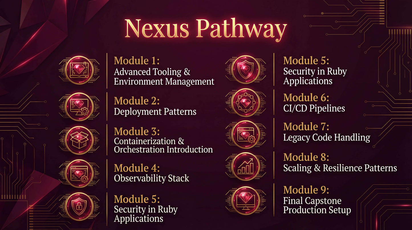 Nexus Pathway course modules on a dark background with red and gold elements.
