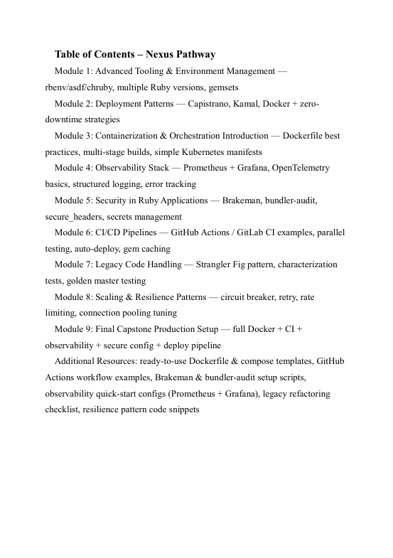 Table of Contents for Nexus Pathway course modules on a white background