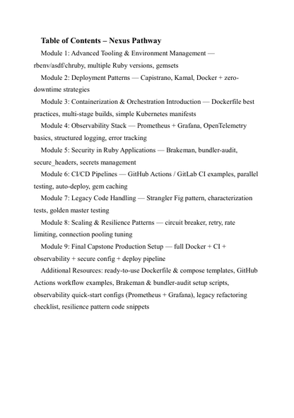 Table of Contents for Nexus Pathway course modules on a white background