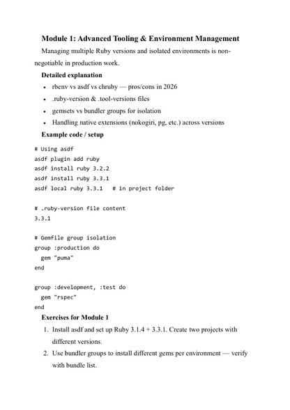 Document on advanced tooling and environment management for Ruby development