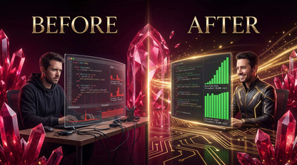 Before and after comparison of a person working on a computer with a glowing crystal effect.