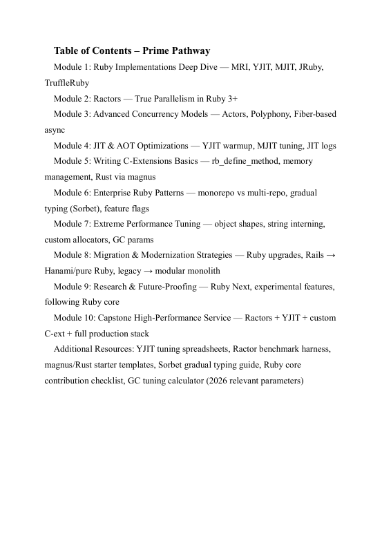 Table of contents for a Prime Pathway course on Ruby implementations and performance tuning.