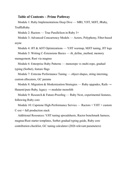 Table of contents for a Prime Pathway course on Ruby implementations and performance tuning.