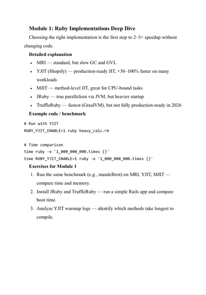 Document on Ruby implementations with text and code examples on a white background