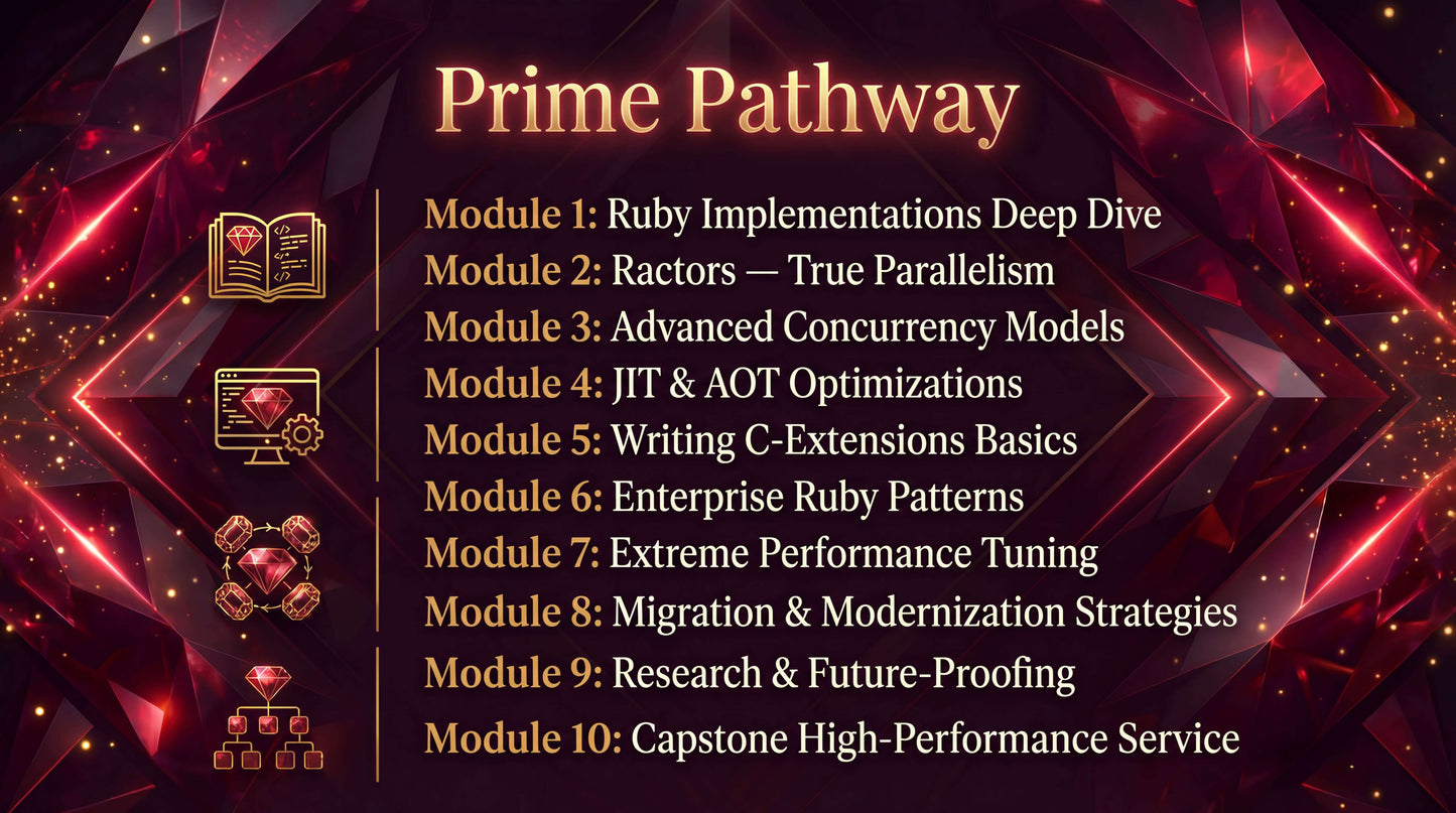 Prime Pathway course modules list with icons on a dark background