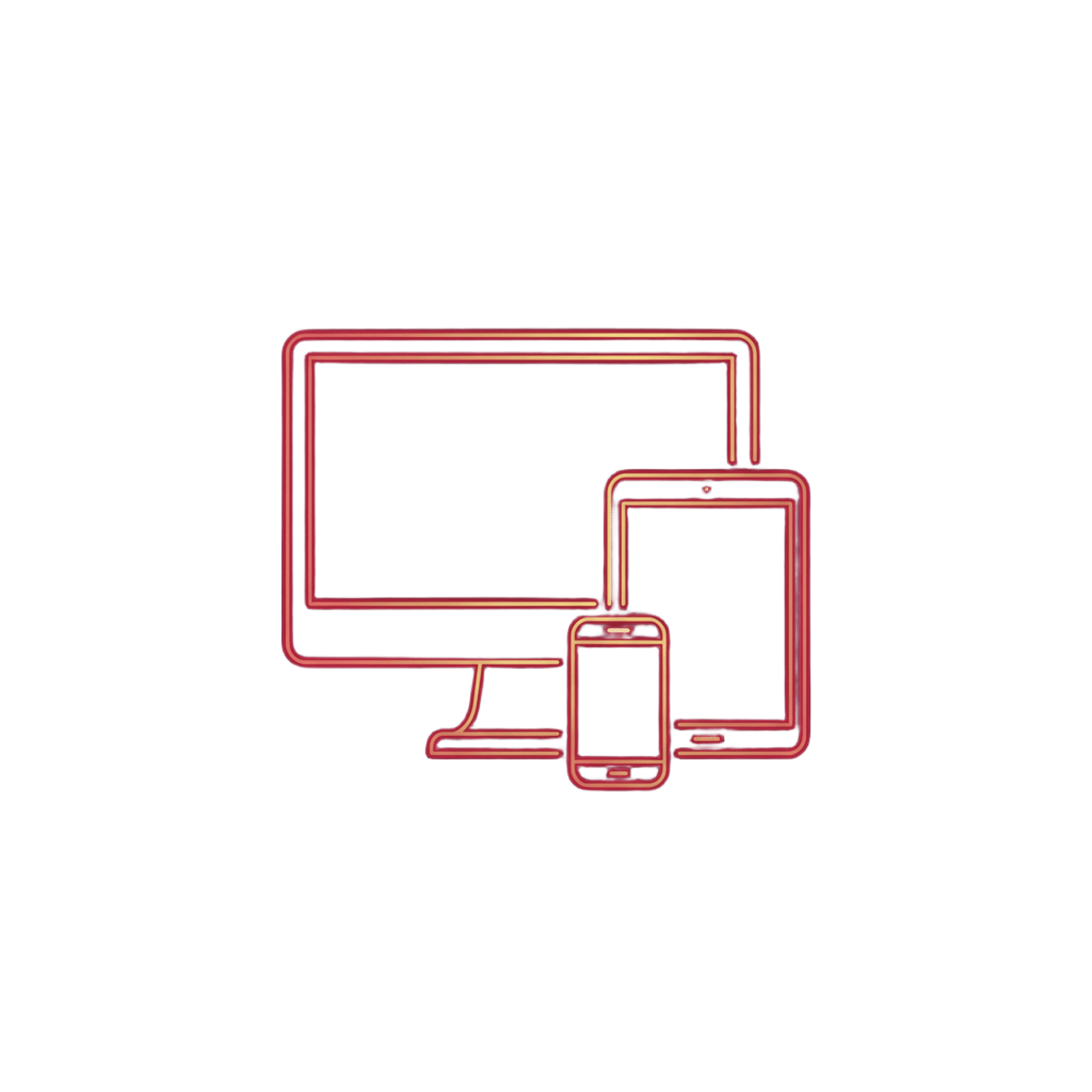 Red outline of a computer monitor, tablet, and smartphone on a green background