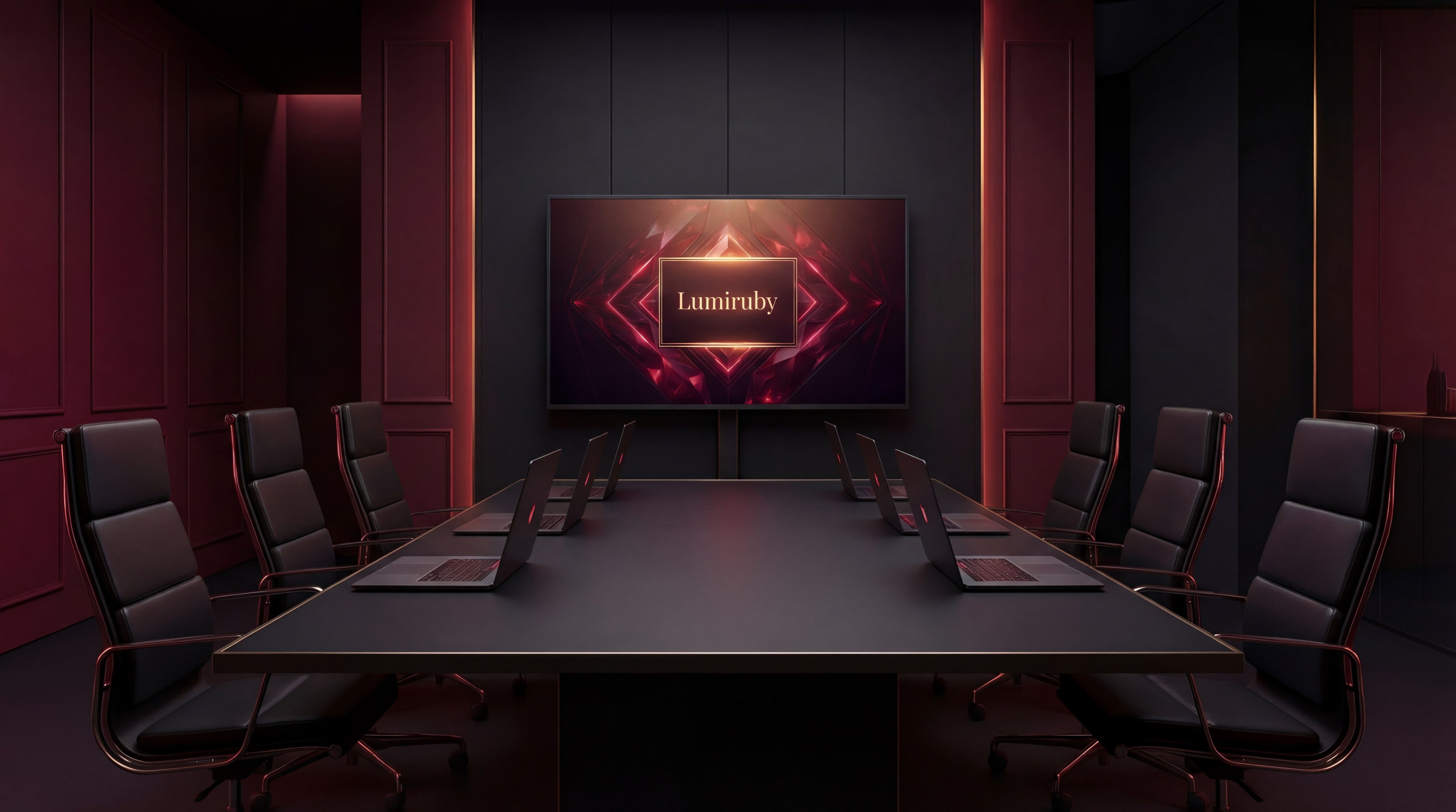 Modern conference room with a large screen displaying the brand 'Lamiruby'.